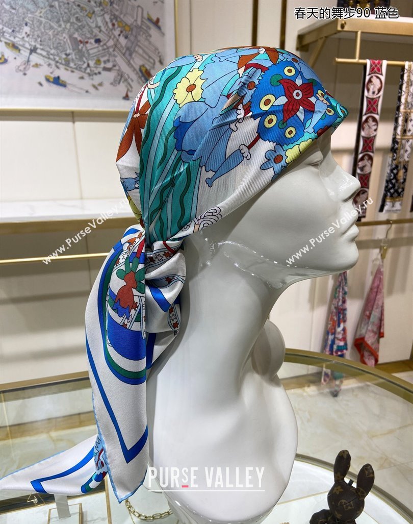 Hermes La Danse du Printemps Silk Sqaure Scarf 90x90cm Blue 2024 0304 (A-240304082)