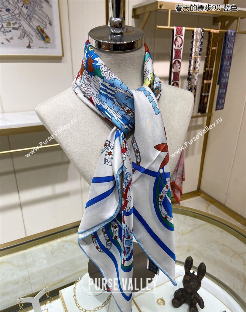 Hermes La Danse du Printemps Silk Sqaure Scarf 90x90cm Blue 2024 0304 (A-240304082)
