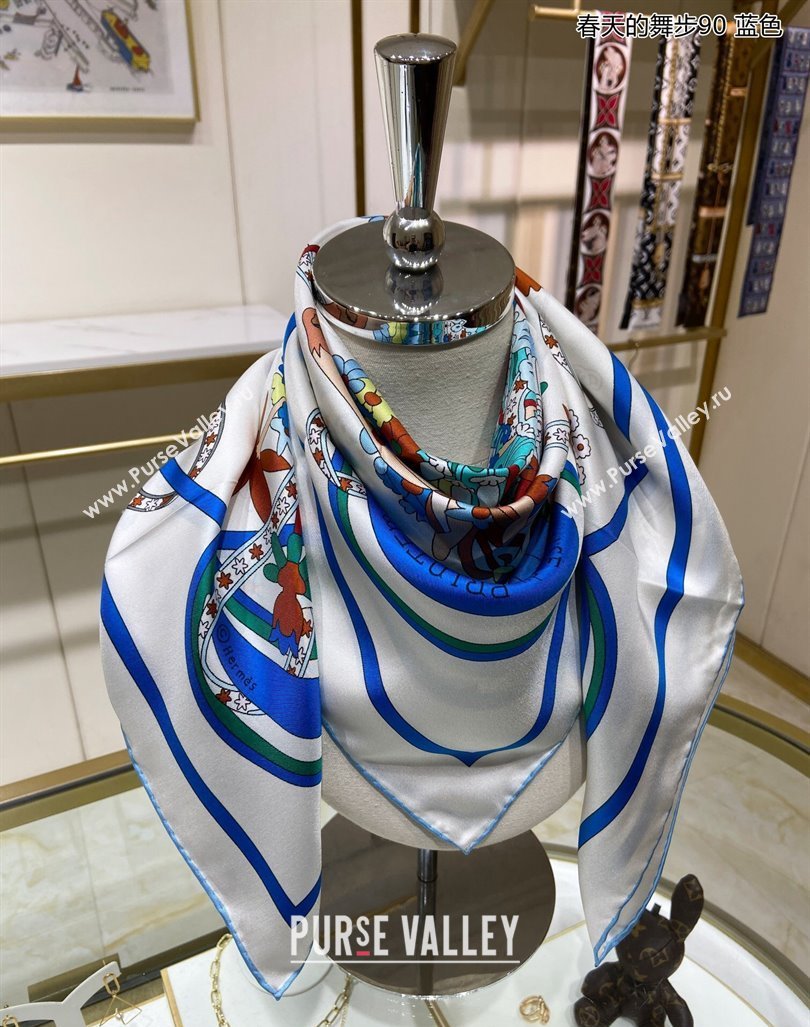 Hermes La Danse du Printemps Silk Sqaure Scarf 90x90cm Blue 2024 0304 (A-240304082)