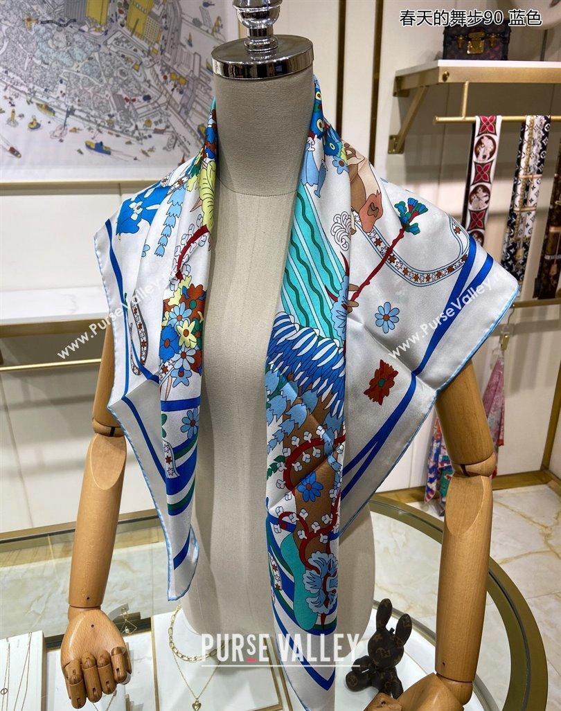 Hermes La Danse du Printemps Silk Sqaure Scarf 90x90cm Blue 2024 0304 (A-240304082)