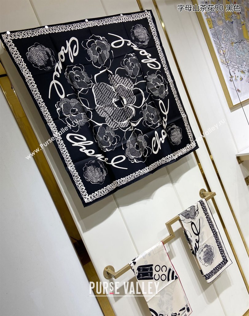 Chanel Camellia Silk Sqaure Scarf 90x90cm Black 2024 0305 (A-240304083)