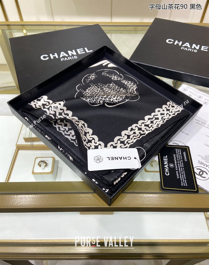 Chanel Camellia Silk Sqaure Scarf 90x90cm Black 2024 0305 (A-240304083)