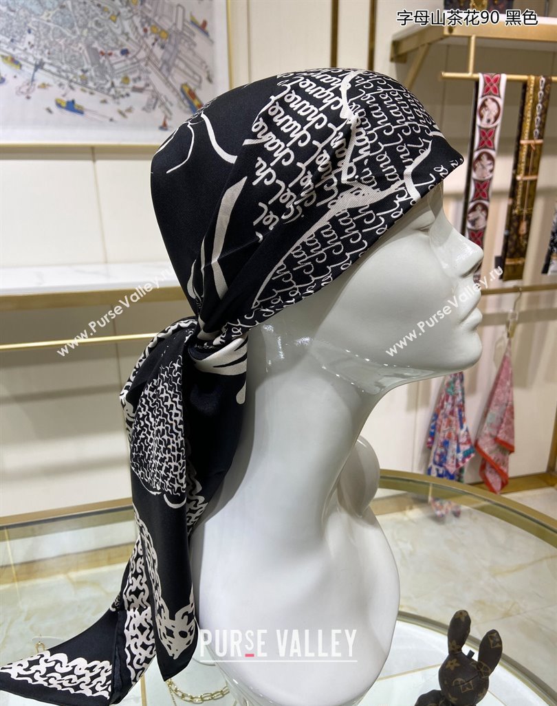 Chanel Camellia Silk Sqaure Scarf 90x90cm Black 2024 0305 (A-240304083)