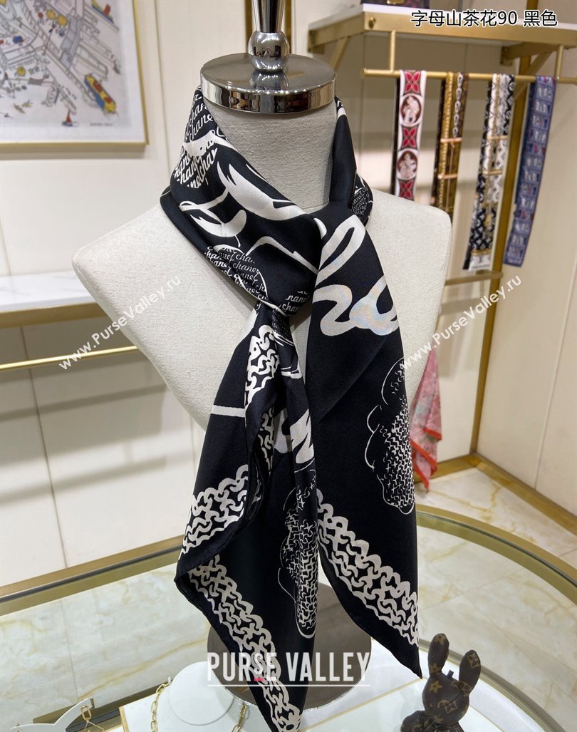 Chanel Camellia Silk Sqaure Scarf 90x90cm Black 2024 0305 (A-240304083)