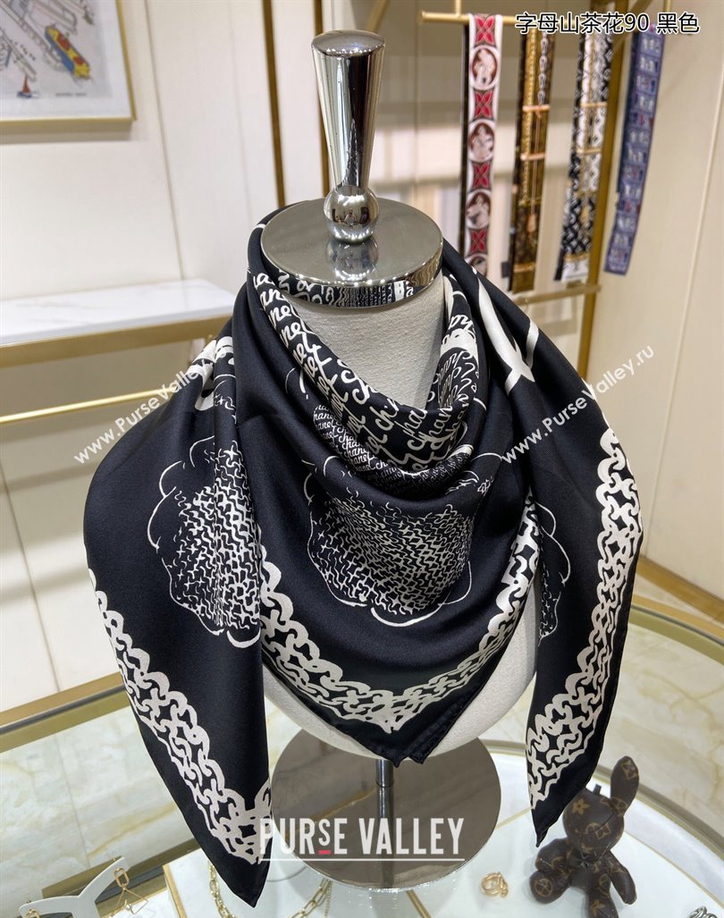 Chanel Camellia Silk Sqaure Scarf 90x90cm Black 2024 0305 (A-240304083)