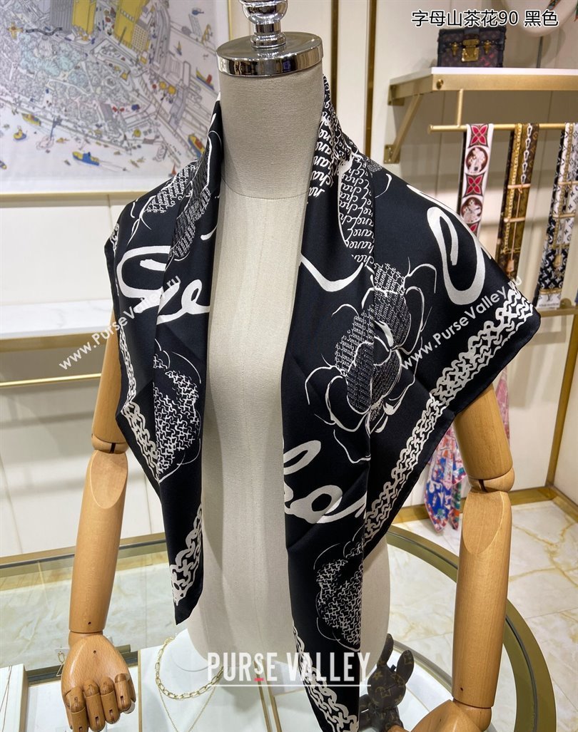 Chanel Camellia Silk Sqaure Scarf 90x90cm Black 2024 0305 (A-240304083)