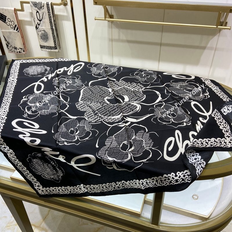 Chanel Camellia Silk Sqaure Scarf 90x90cm Black 2024 0305 (A-240304083)