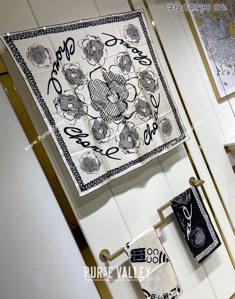 Chanel Camellia Silk Sqaure Scarf 90x90cm White 2024 0305 (A-240304084)