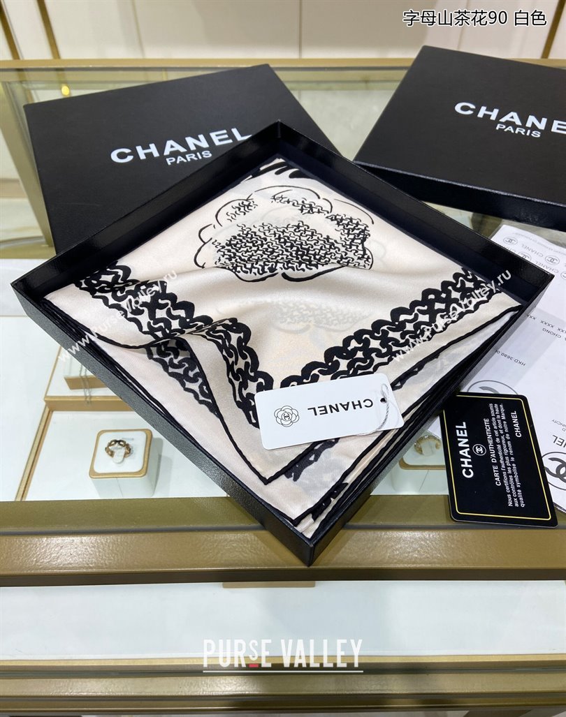 Chanel Camellia Silk Sqaure Scarf 90x90cm White 2024 0305 (A-240304084)