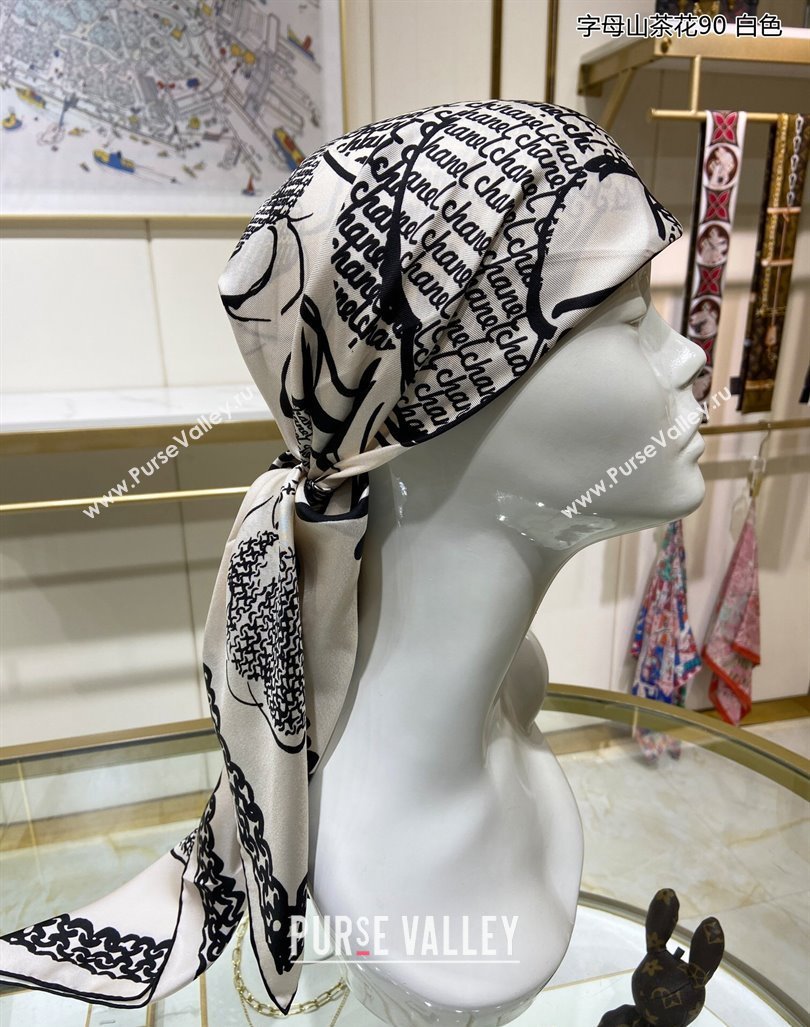 Chanel Camellia Silk Sqaure Scarf 90x90cm White 2024 0305 (A-240304084)