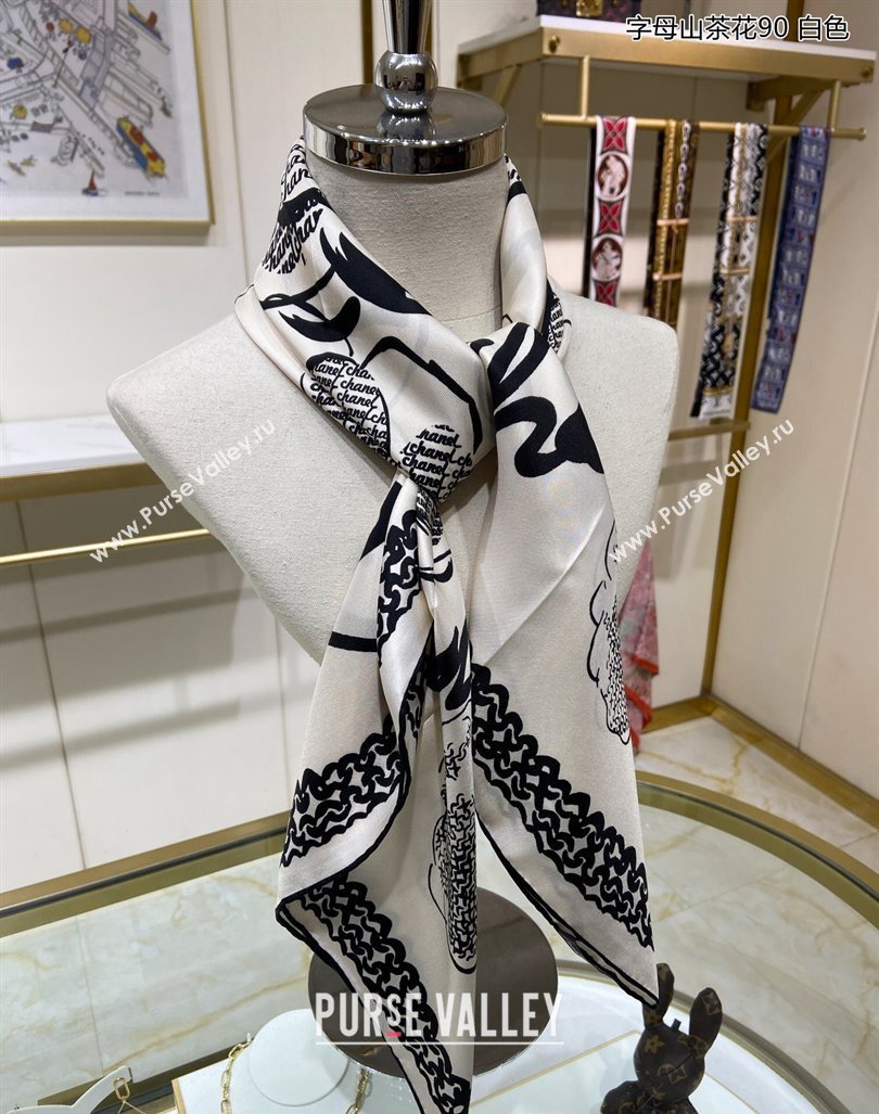 Chanel Camellia Silk Sqaure Scarf 90x90cm White 2024 0305 (A-240304084)