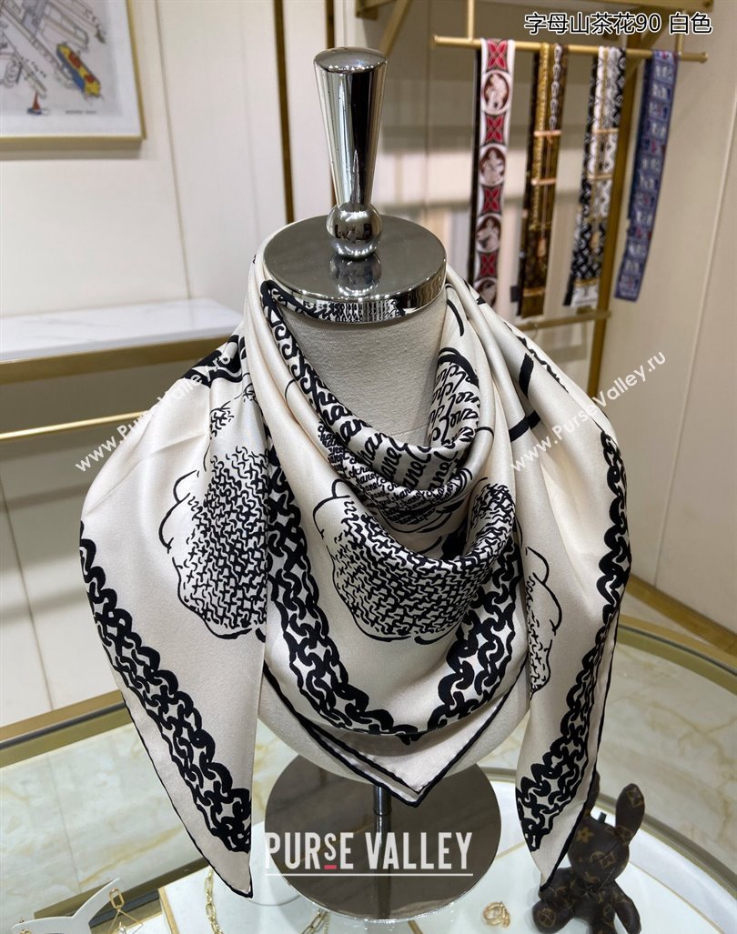 Chanel Camellia Silk Sqaure Scarf 90x90cm White 2024 0305 (A-240304084)