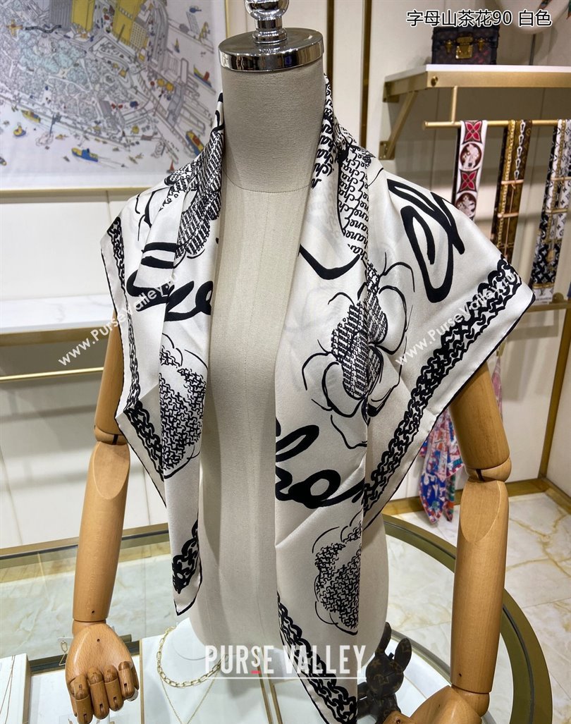 Chanel Camellia Silk Sqaure Scarf 90x90cm White 2024 0305 (A-240304084)