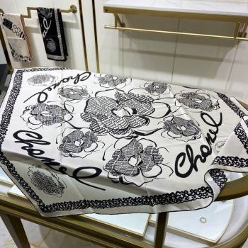 Chanel Camellia Silk Sqaure Scarf 90x90cm White 2024 0305 (A-240304084)