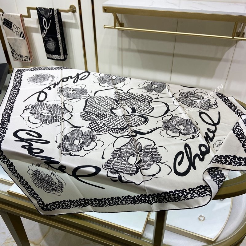 Chanel Camellia Silk Sqaure Scarf 90x90cm White 2024 0305 (A-240304084)