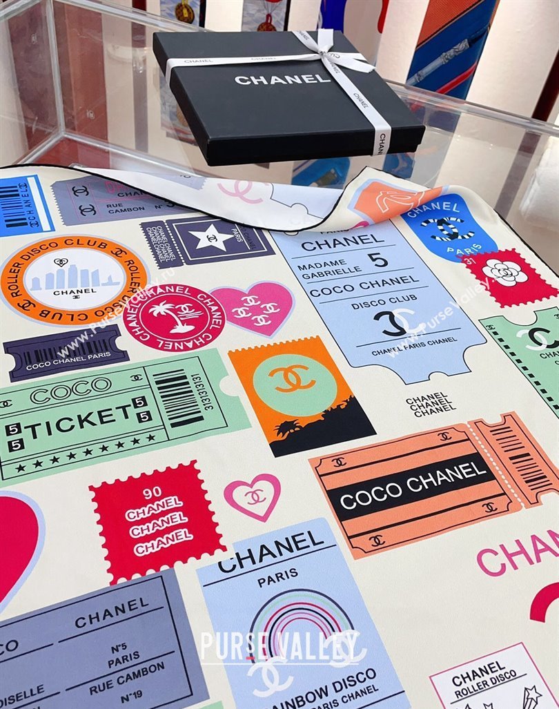 Chanel Logo Silk Sqaure Scarf 90x90cm White 2024 0305 (A-240304087)