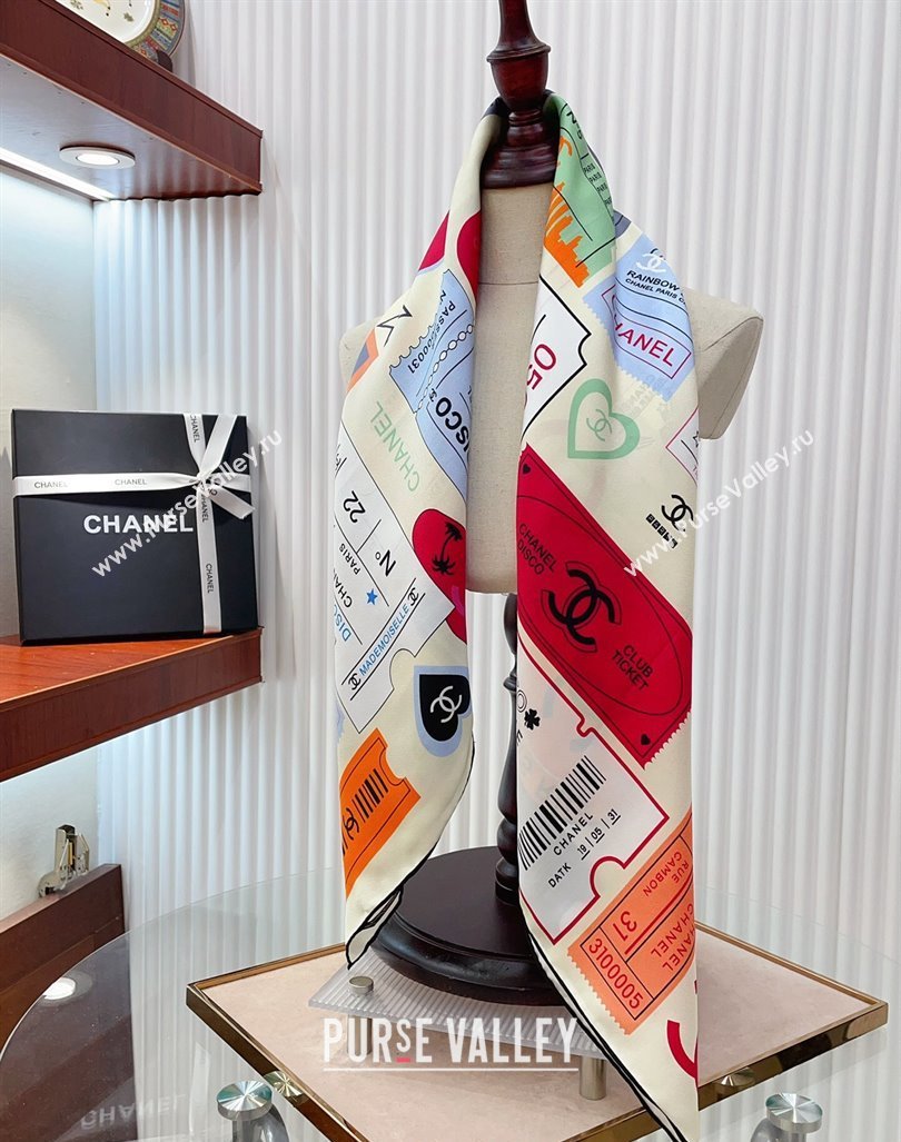 Chanel Logo Silk Sqaure Scarf 90x90cm White 2024 0305 (A-240304087)