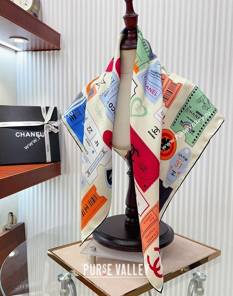 Chanel Logo Silk Sqaure Scarf 90x90cm White 2024 0305 (A-240304087)