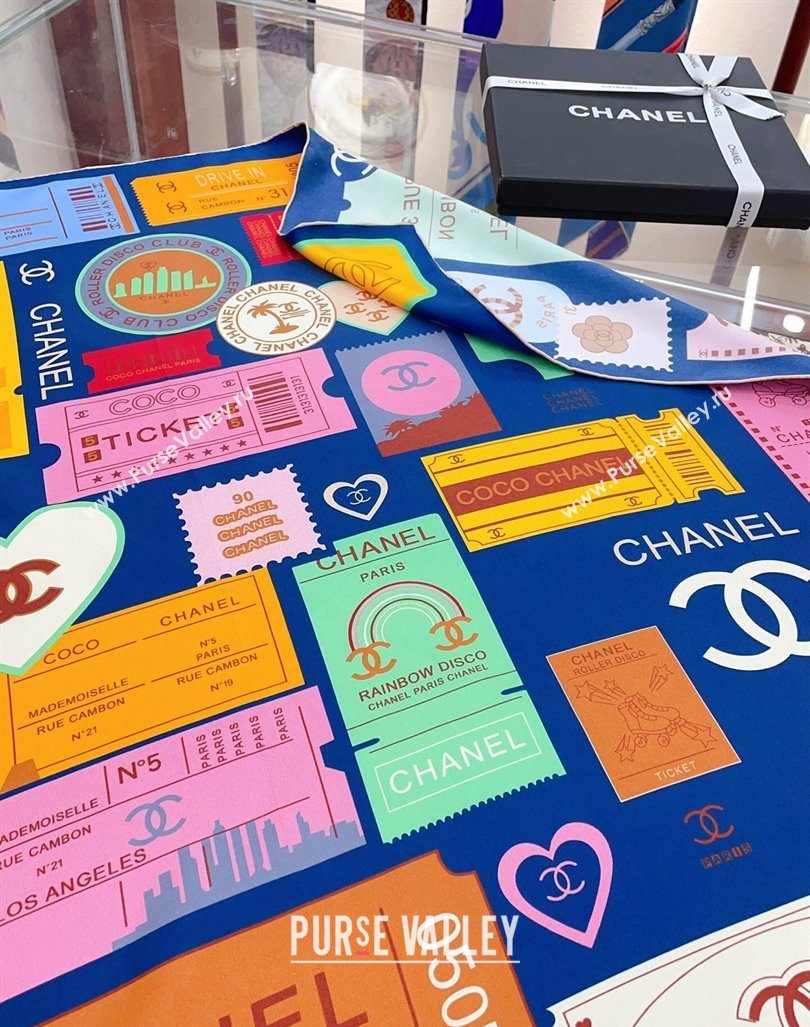 Chanel Logo Silk Sqaure Scarf 90x90cm Blue 2024 0305 (A-240304088)