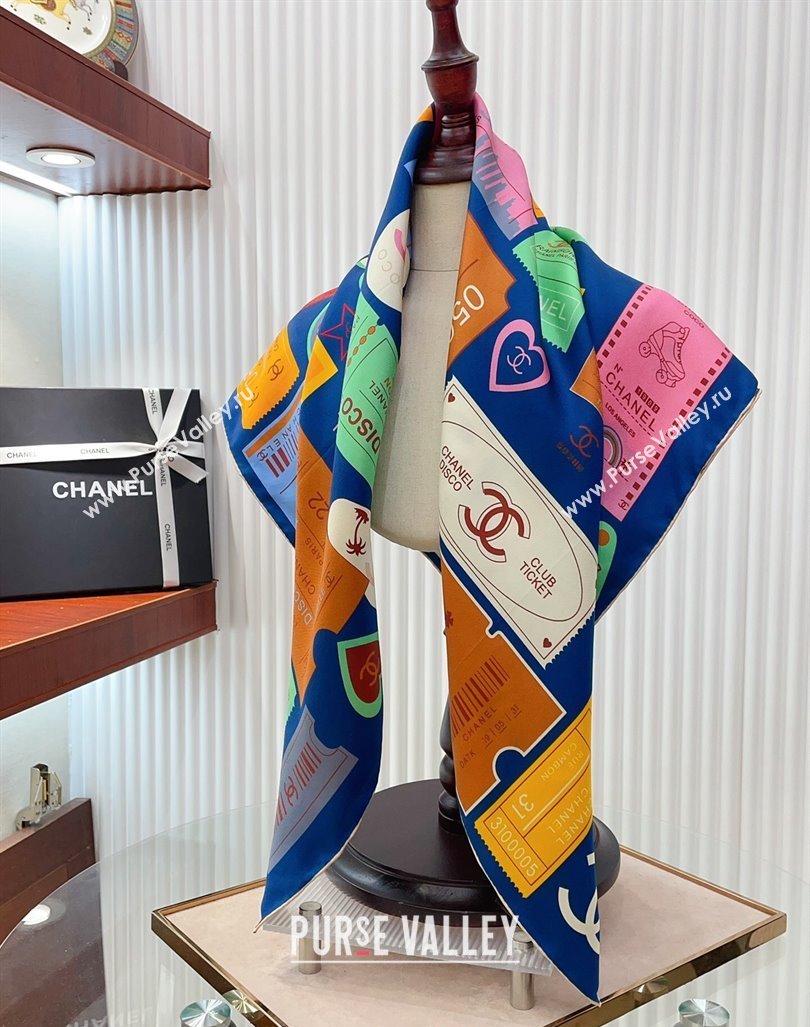Chanel Logo Silk Sqaure Scarf 90x90cm Blue 2024 0305 (A-240304088)