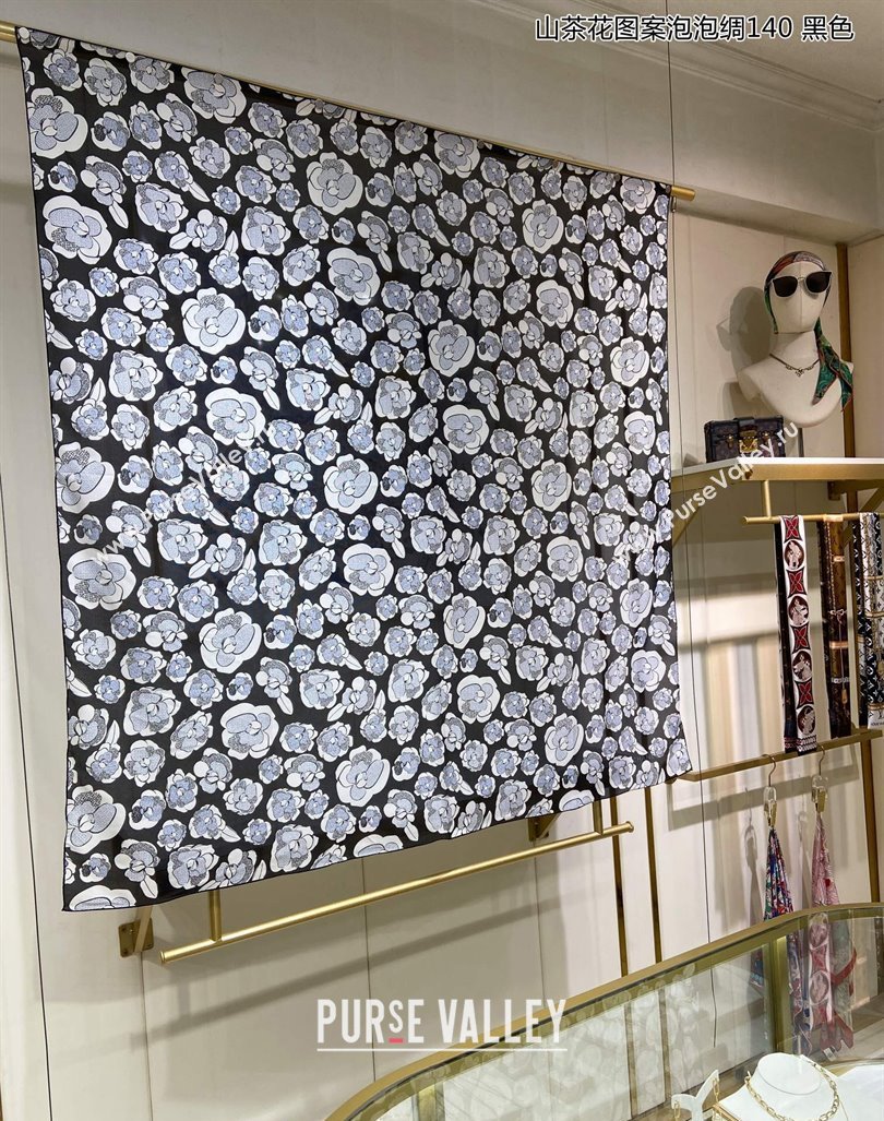 Chanel Camellia Silk Sqaure Shawl Scarf 140x140cm Black 2024 0304 (A-240304089)