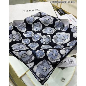 Chanel Camellia Silk Sqaure Shawl Scarf 140x140cm Black 2024 0304 (A-240304089)