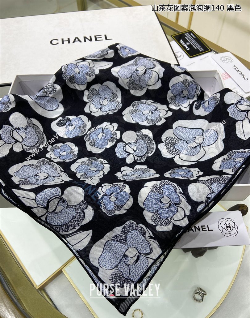 Chanel Camellia Silk Sqaure Shawl Scarf 140x140cm Black 2024 0304 (A-240304089)
