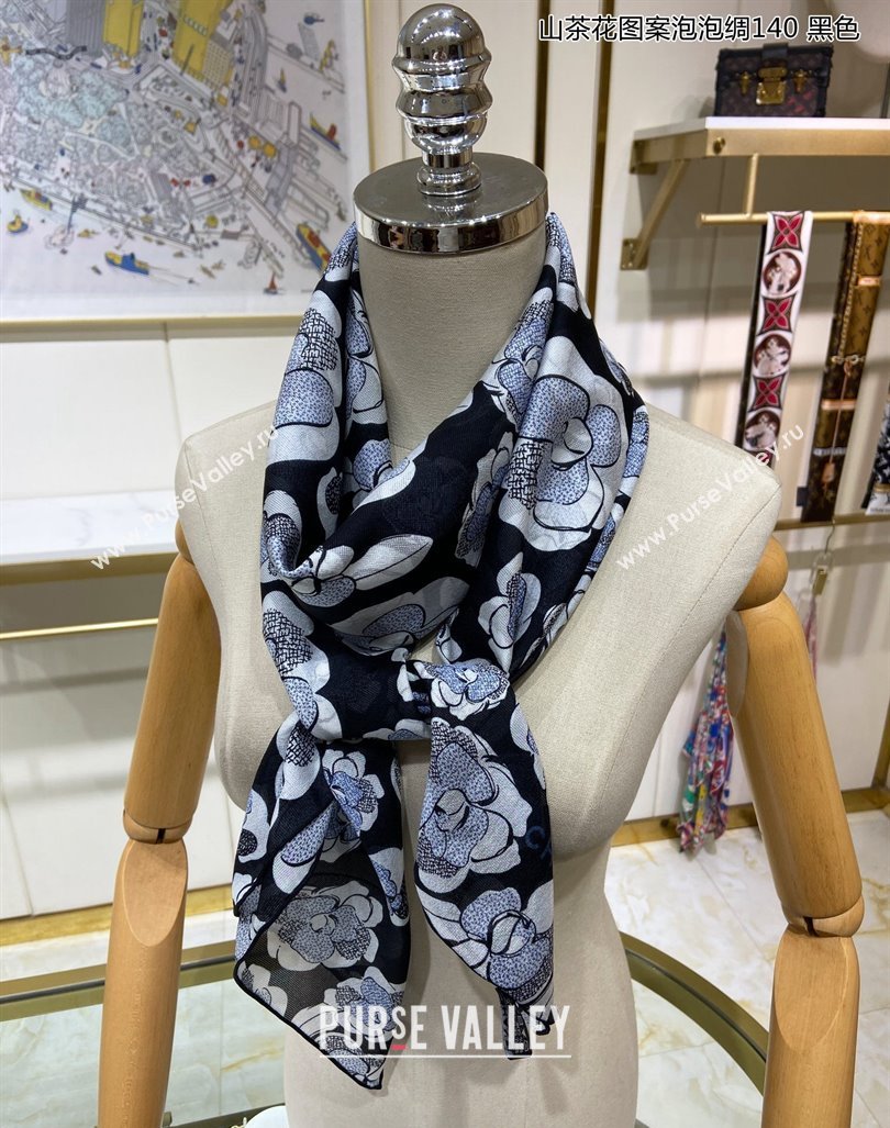 Chanel Camellia Silk Sqaure Shawl Scarf 140x140cm Black 2024 0304 (A-240304089)