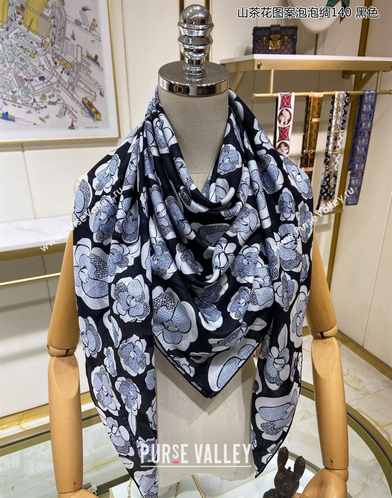 Chanel Camellia Silk Sqaure Shawl Scarf 140x140cm Black 2024 0304 (A-240304089)