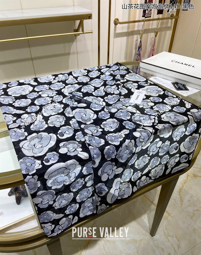 Chanel Camellia Silk Sqaure Shawl Scarf 140x140cm Black 2024 0304 (A-240304089)