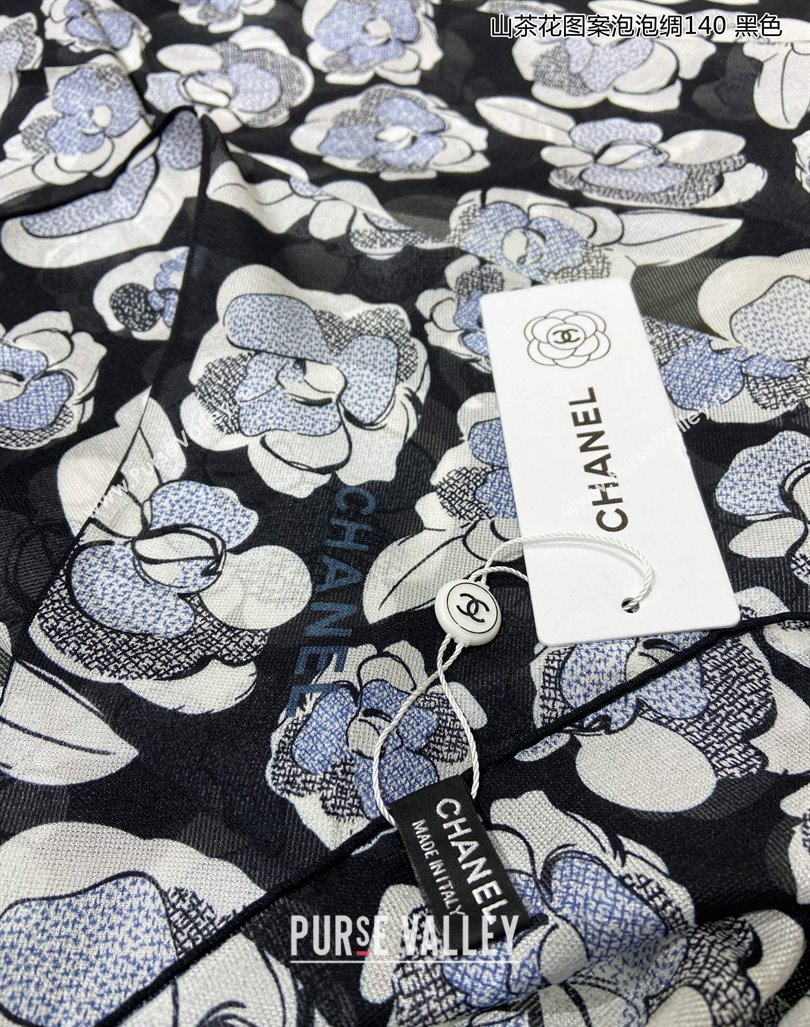 Chanel Camellia Silk Sqaure Shawl Scarf 140x140cm Black 2024 0304 (A-240304089)
