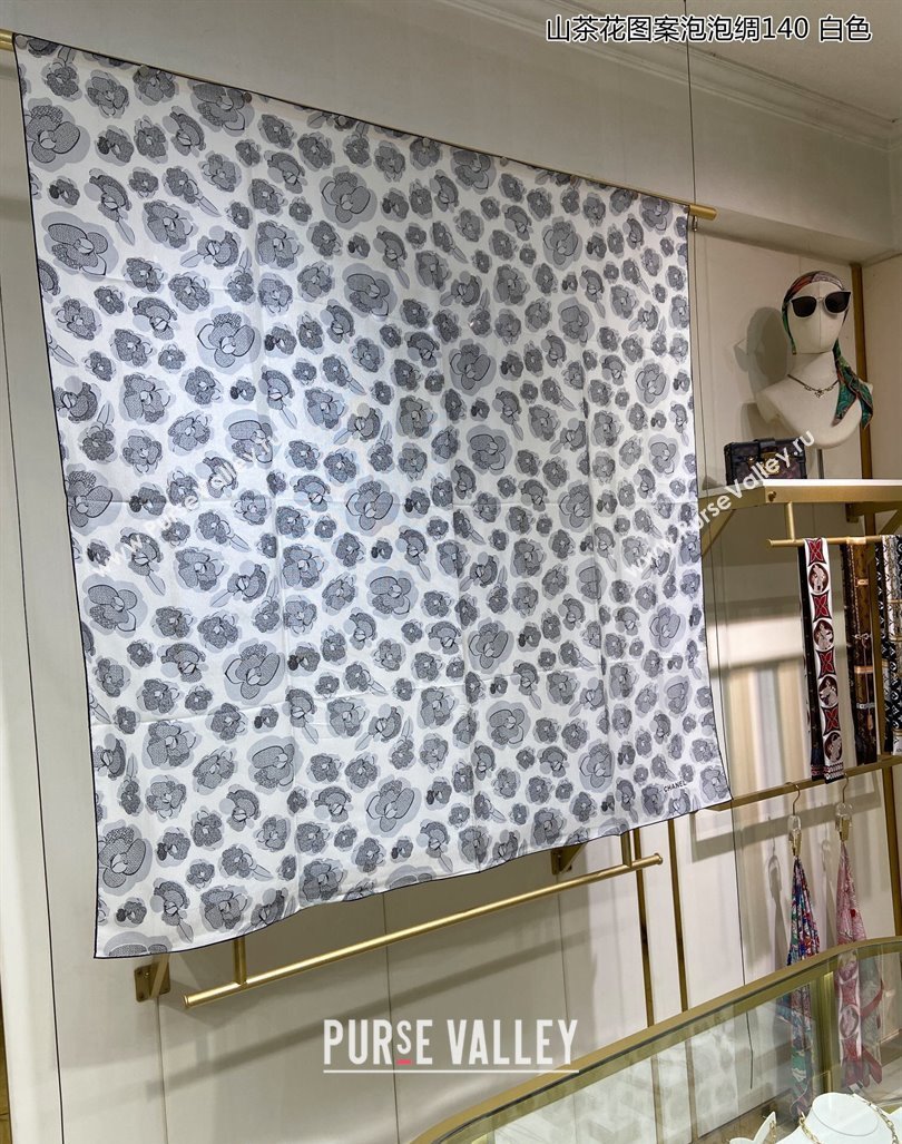 Chanel Camellia Silk Sqaure Shawl Scarf 140x140cm White 2024 0304 (A-240304090)