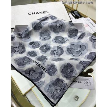 Chanel Camellia Silk Sqaure Shawl Scarf 140x140cm White 2024 0304 (A-240304090)