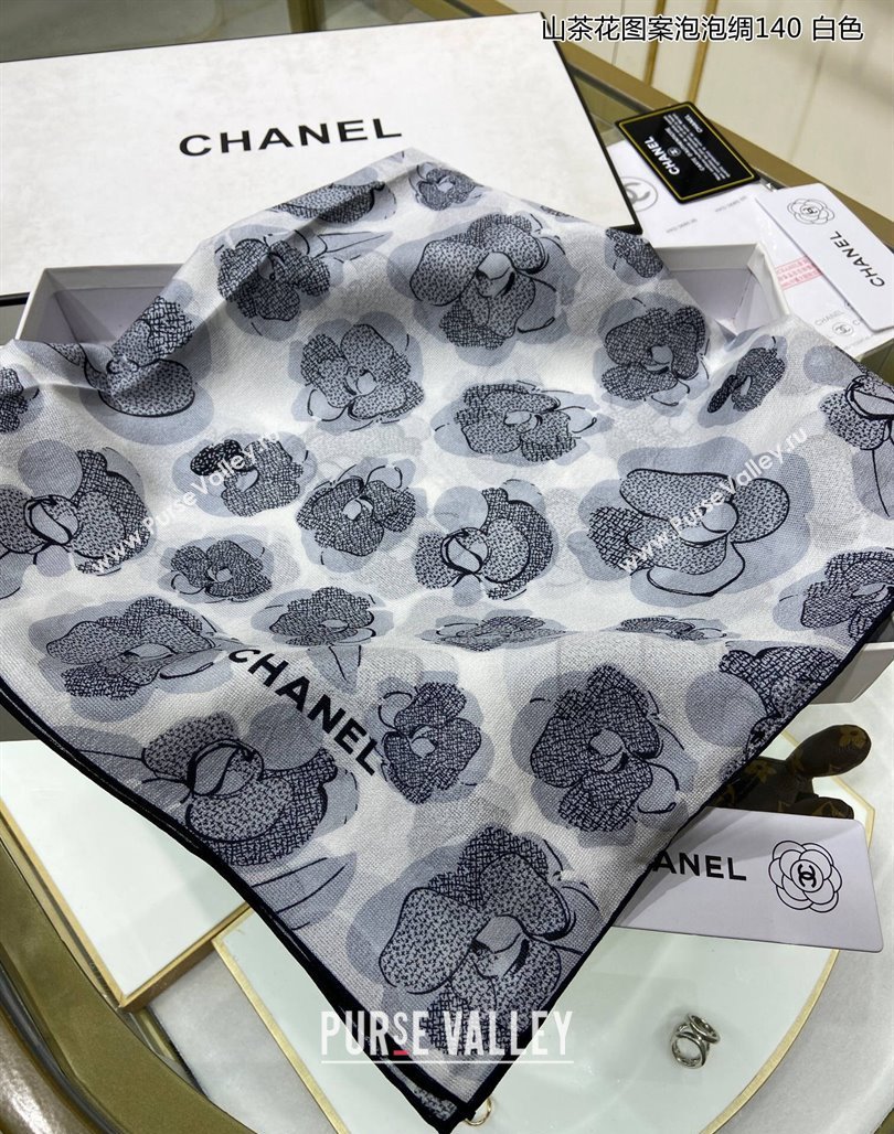 Chanel Camellia Silk Sqaure Shawl Scarf 140x140cm White 2024 0304 (A-240304090)