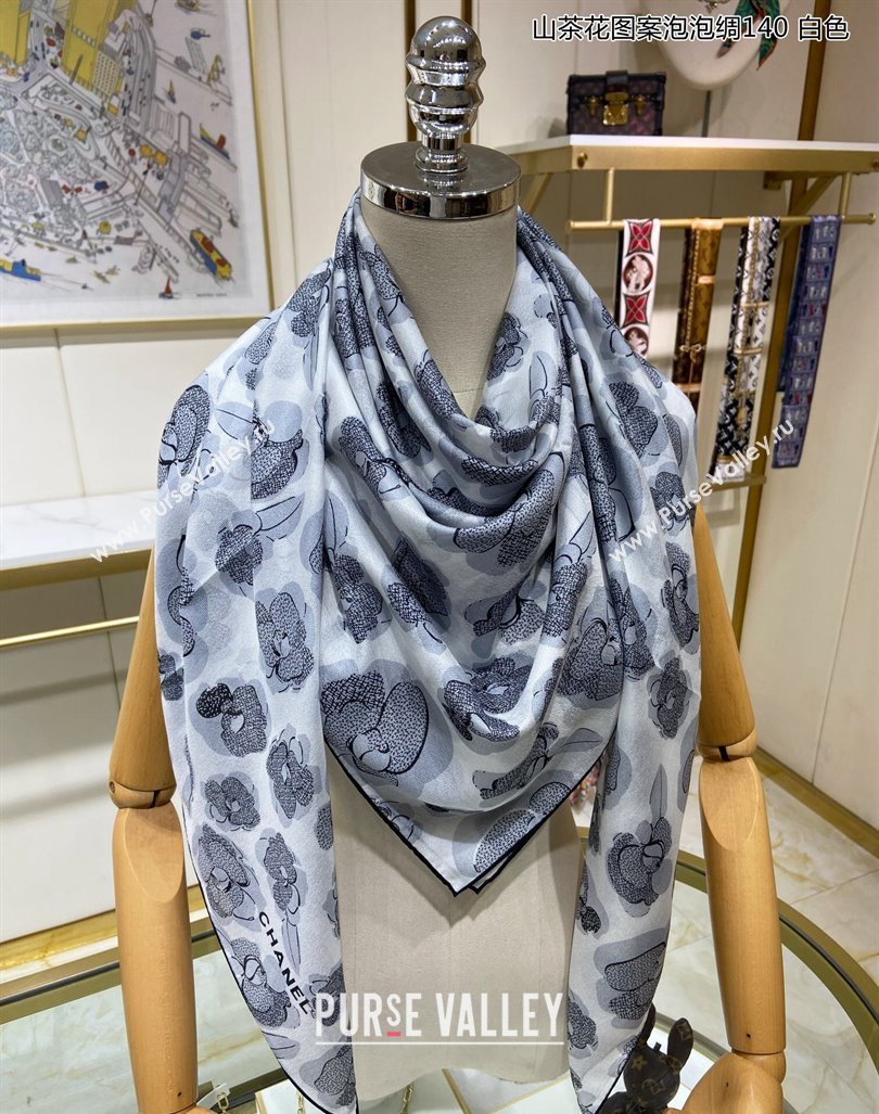 Chanel Camellia Silk Sqaure Shawl Scarf 140x140cm White 2024 0304 (A-240304090)