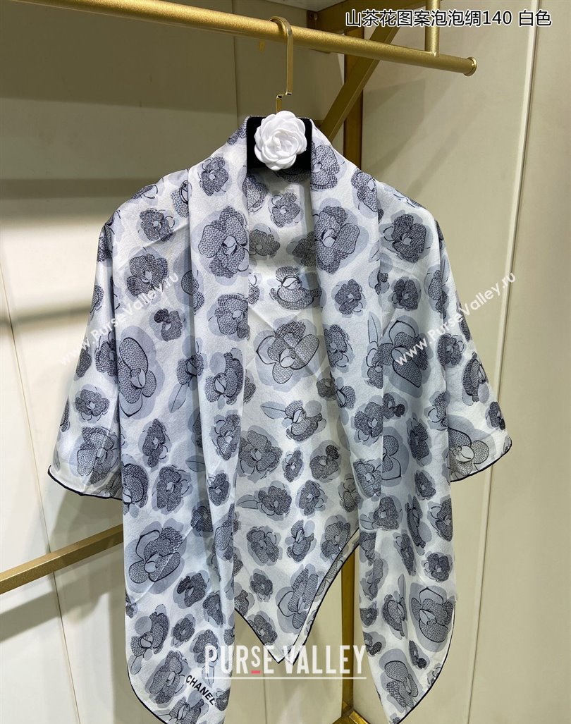 Chanel Camellia Silk Sqaure Shawl Scarf 140x140cm White 2024 0304 (A-240304090)