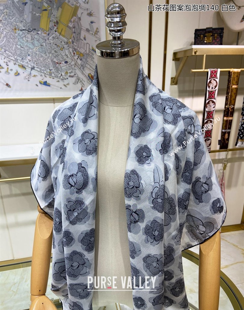 Chanel Camellia Silk Sqaure Shawl Scarf 140x140cm White 2024 0304 (A-240304090)