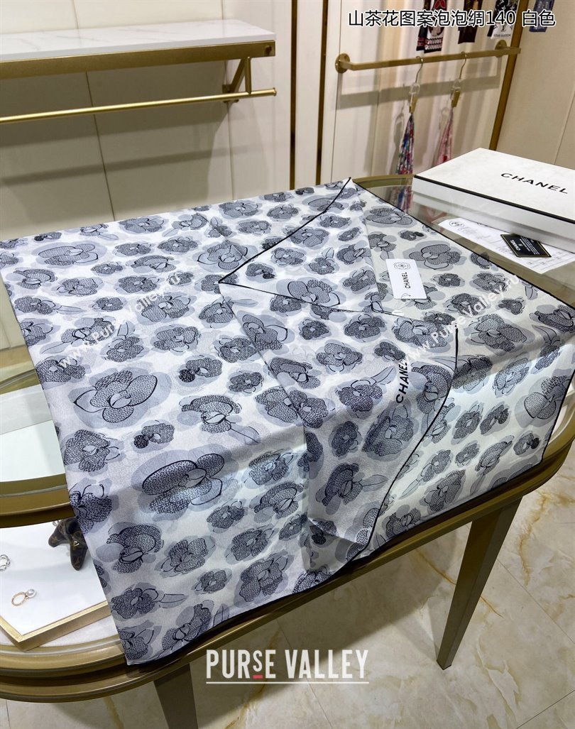Chanel Camellia Silk Sqaure Shawl Scarf 140x140cm White 2024 0304 (A-240304090)