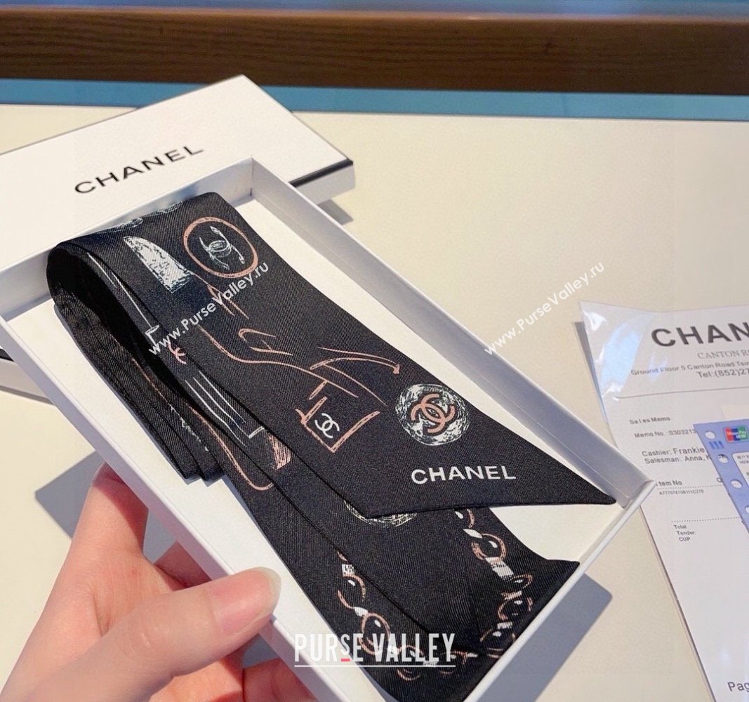 Chanel Silk Bandeau Scarf 5x120cm Black/Pink 2024 0304 (XMN-240304027)
