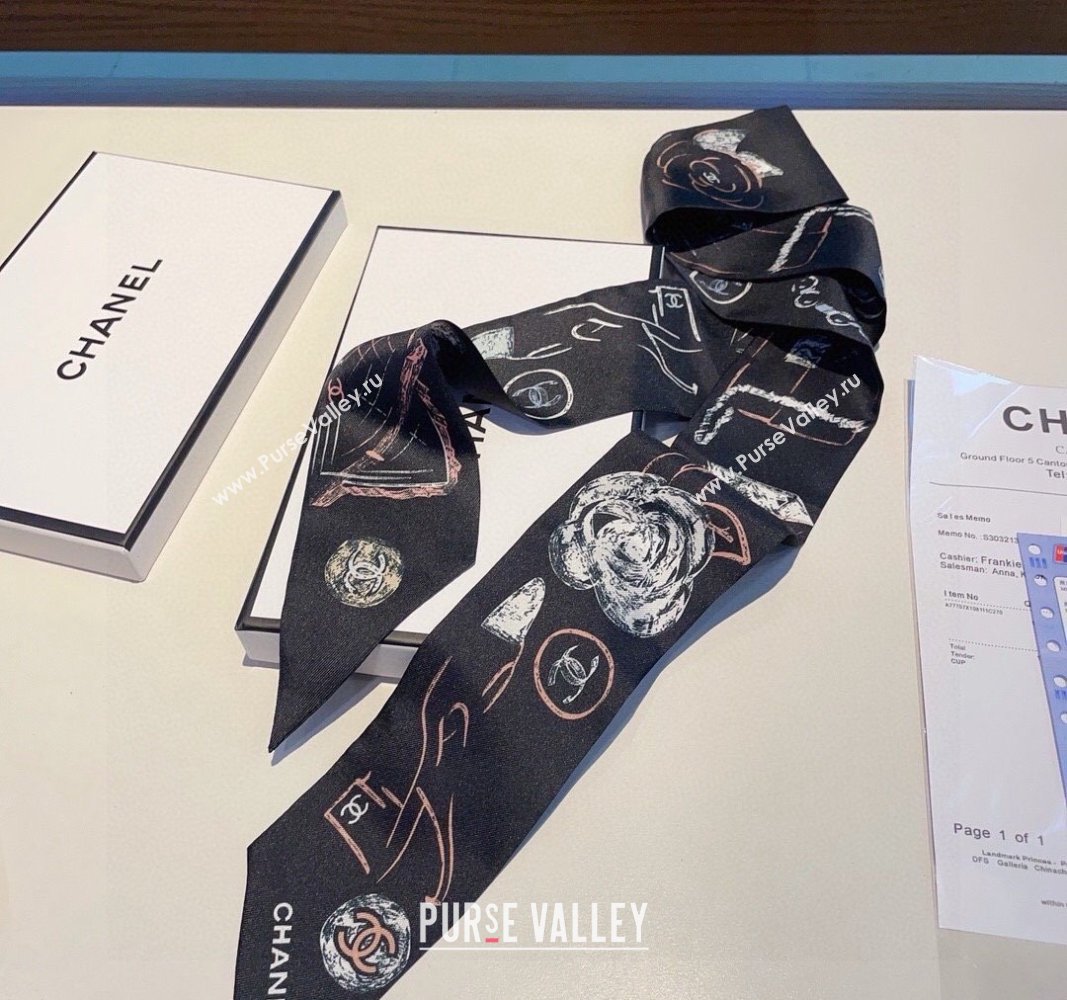 Chanel Silk Bandeau Scarf 5x120cm Black/Pink 2024 0304 (XMN-240304027)