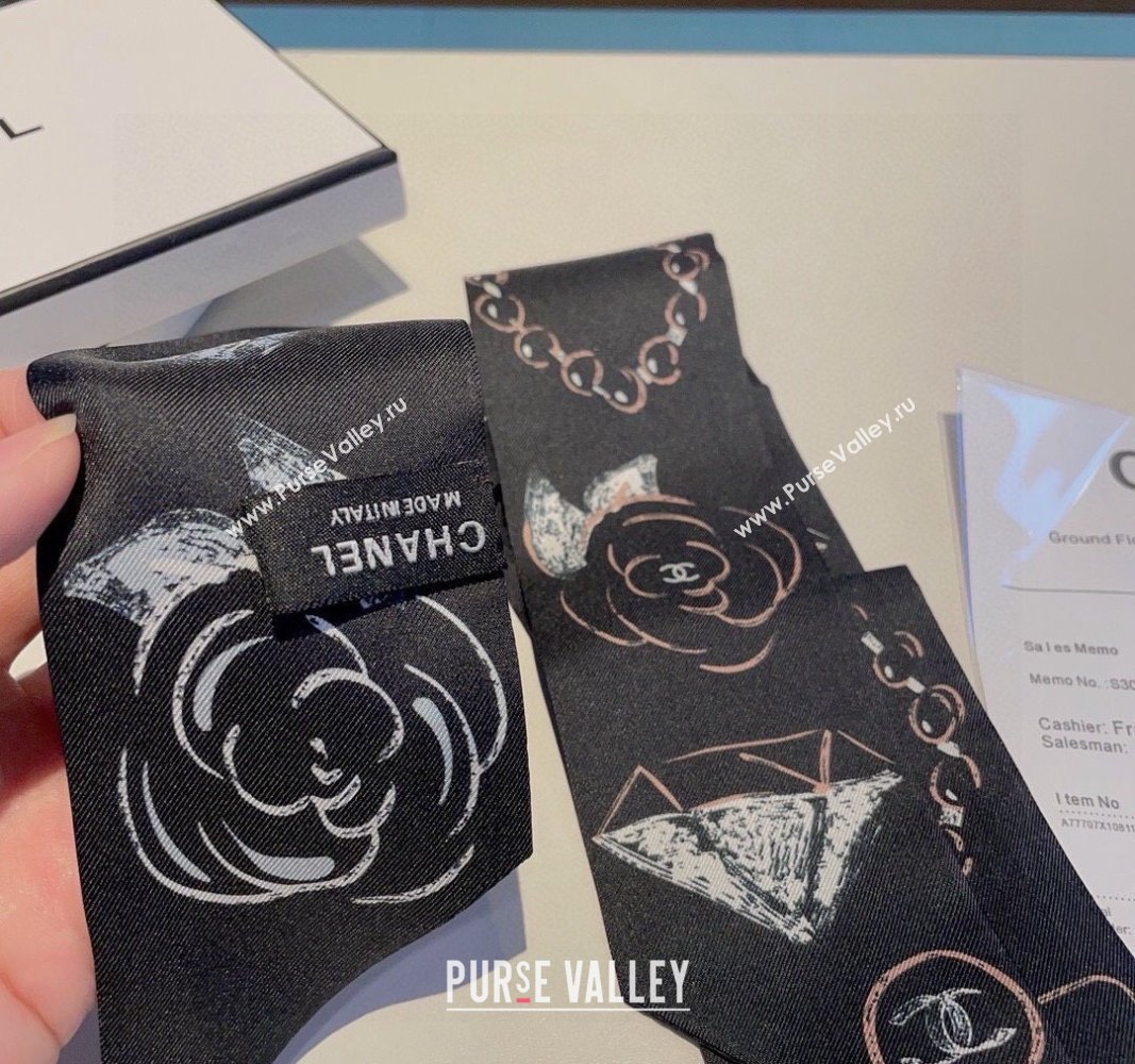 Chanel Silk Bandeau Scarf 5x120cm Black/Pink 2024 0304 (XMN-240304027)