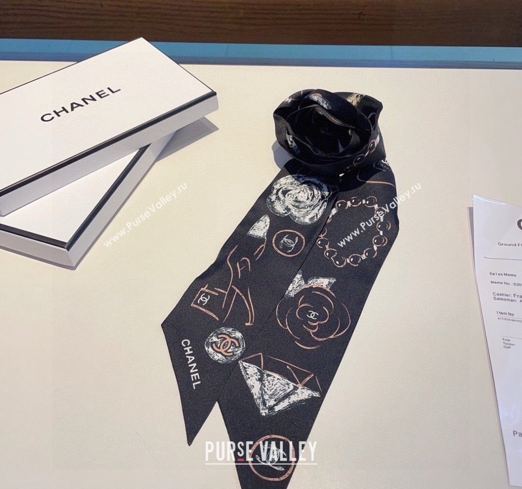 Chanel Silk Bandeau Scarf 5x120cm Black/Pink 2024 0304 (XMN-240304027)
