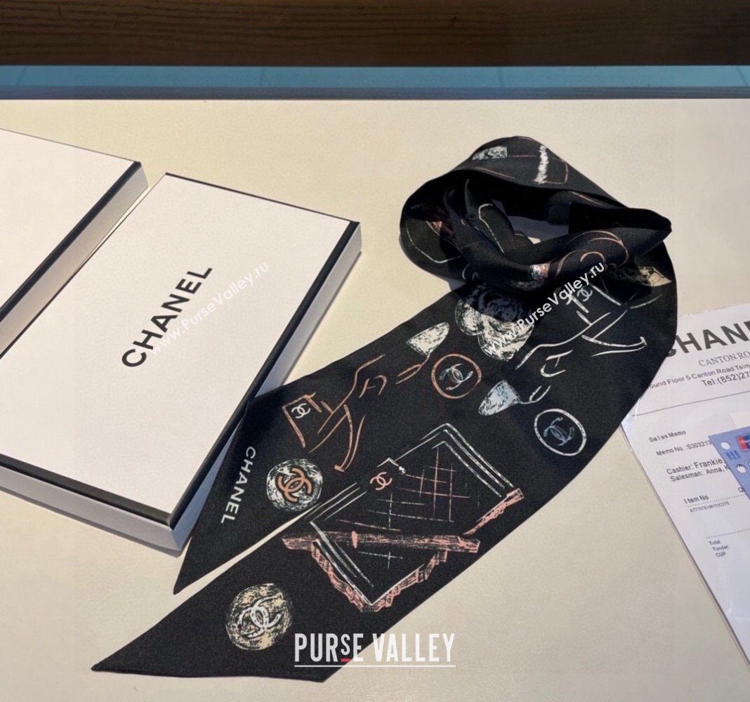 Chanel Silk Bandeau Scarf 5x120cm Black/Pink 2024 0304 (XMN-240304027)