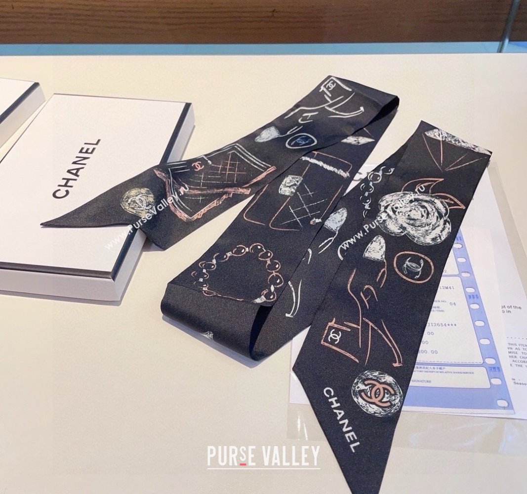 Chanel Silk Bandeau Scarf 5x120cm Black/Pink 2024 0304 (XMN-240304027)
