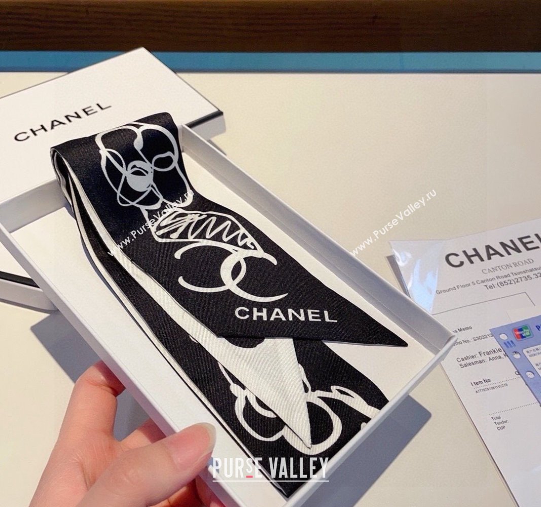 Chanel Silk Bandeau Scarf 5x120cm Black/White 2024 0304 (XMN-240304028)