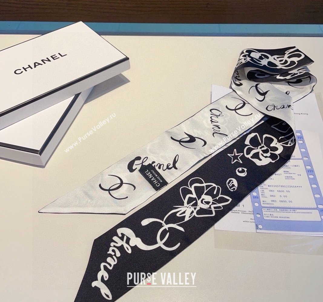 Chanel Silk Bandeau Scarf 5x120cm Black/White 2024 0304 (XMN-240304028)