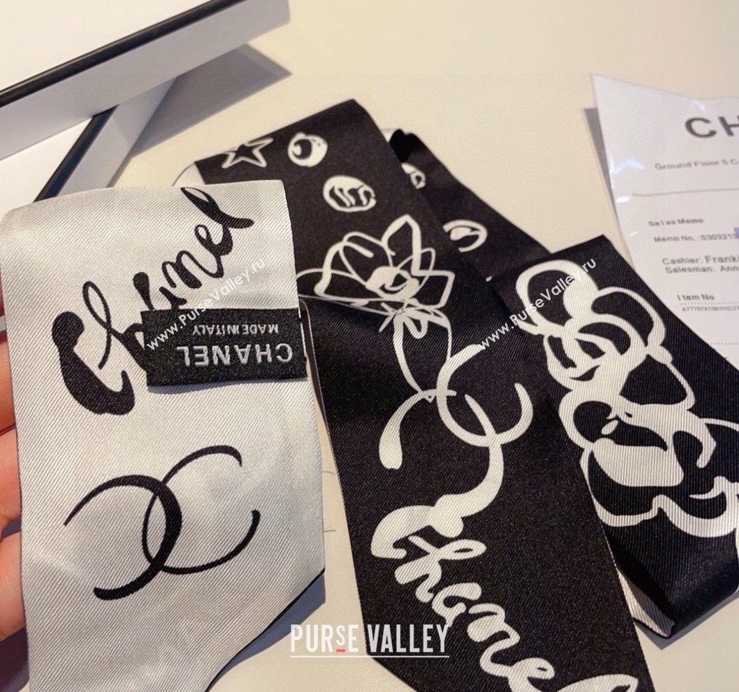 Chanel Silk Bandeau Scarf 5x120cm Black/White 2024 0304 (XMN-240304028)