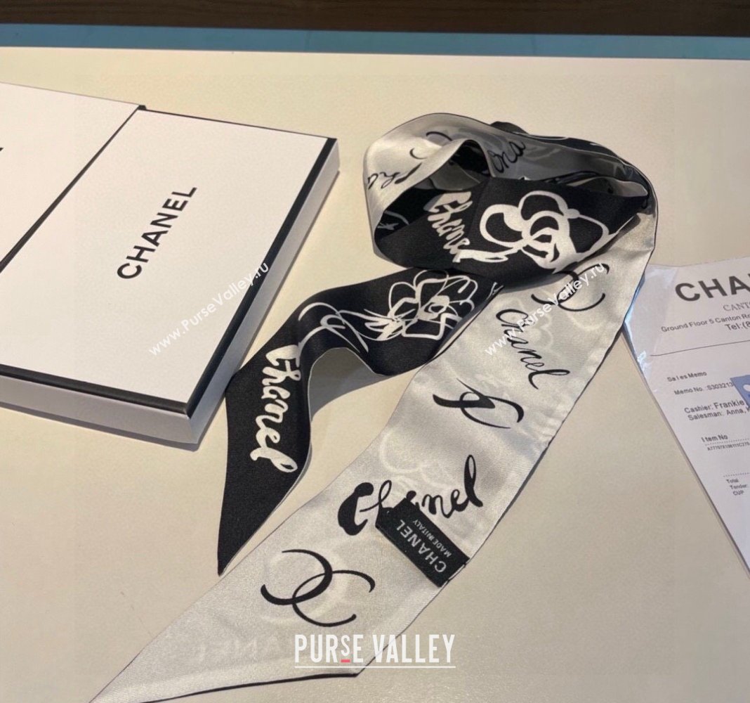 Chanel Silk Bandeau Scarf 5x120cm Black/White 2024 0304 (XMN-240304028)