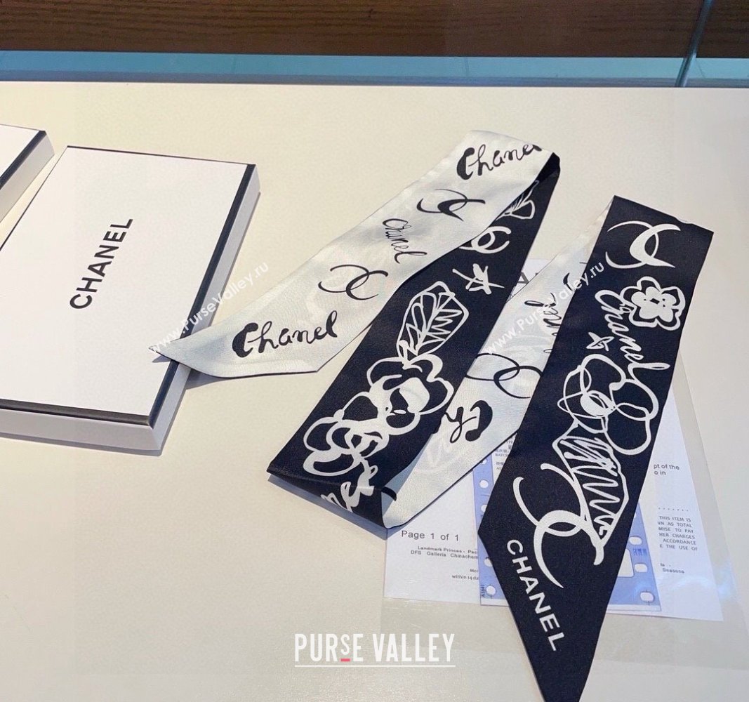 Chanel Silk Bandeau Scarf 5x120cm Black/White 2024 0304 (XMN-240304028)
