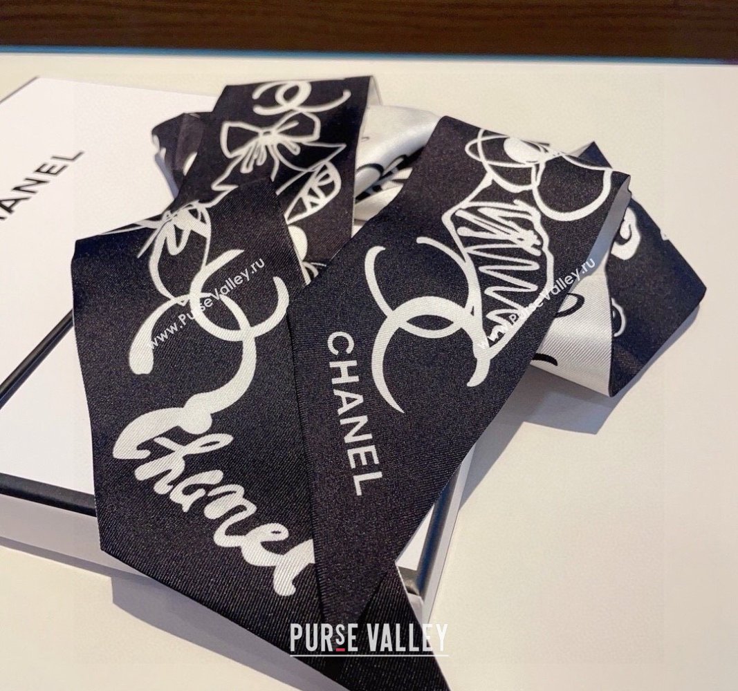 Chanel Silk Bandeau Scarf 5x120cm Black/White 2024 0304 (XMN-240304028)